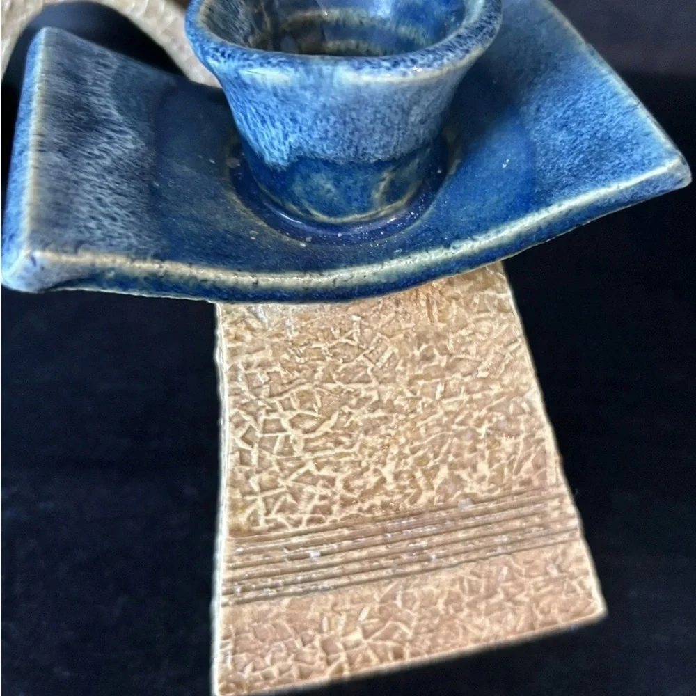 Candlestick Holders 2 Glazed Crafted For Tapers Blue Brown Artisy MCM Signed AG